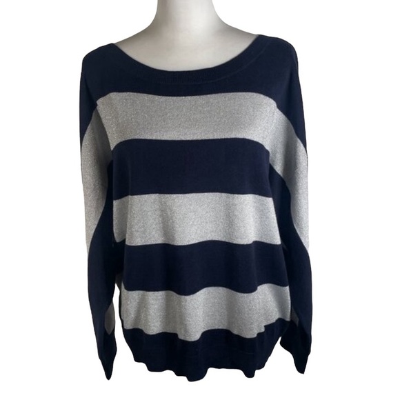 Liz Claiborne Navy Blue Silver Striped Boat Neck Tight Knit Pullover Sweater XL - Picture 1 of 13